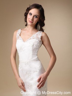 Column V-neck Brush Lace Appliques 2013 Wedding Dress with Hall