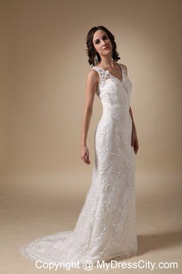 Column V-neck Brush Lace Appliques 2013 Wedding Dress with Hall