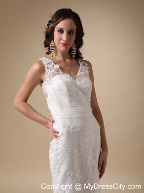 Column V-neck Brush Lace Appliques 2013 Wedding Dress with Hall