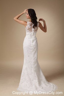 Column V-neck Brush Lace Appliques 2013 Wedding Dress with Hall