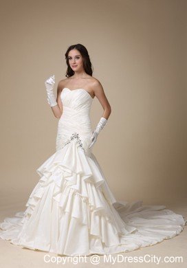 Sexy Mermaid Beading Ruffles Layers Chapel Train Wedding Dress