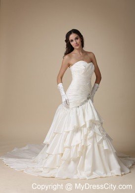 Sexy Mermaid Beading Ruffles Layers Chapel Train Wedding Dress