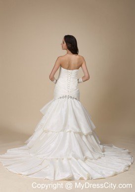 Sexy Mermaid Beading Ruffles Layers Chapel Train Wedding Dress