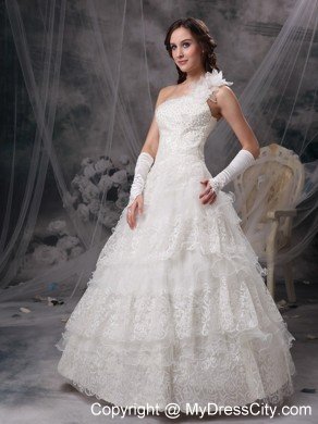 A-line Single Shoulder Flowers Lace Ruffles Layers Wedding Dresses