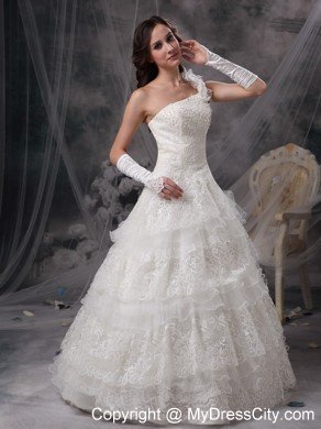 A-line Single Shoulder Flowers Lace Ruffles Layers Wedding Dresses