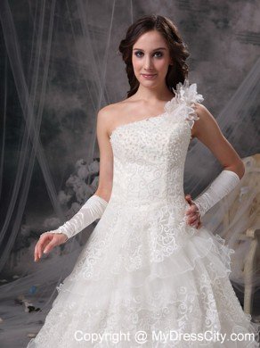 A-line Single Shoulder Flowers Lace Ruffles Layers Wedding Dresses