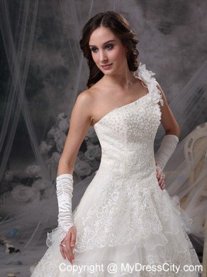 A-line Single Shoulder Flowers Lace Ruffles Layers Wedding Dresses