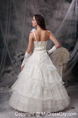 A-line Single Shoulder Flowers Lace Ruffles Layers Wedding Dresses