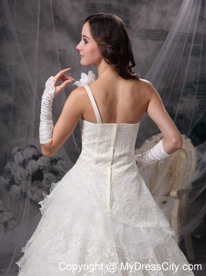 A-line Single Shoulder Flowers Lace Ruffles Layers Wedding Dresses