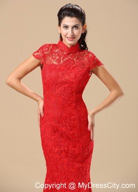 Traditional Red Lace High-neck Brush Train Wedding Dresses with Short Sleeves