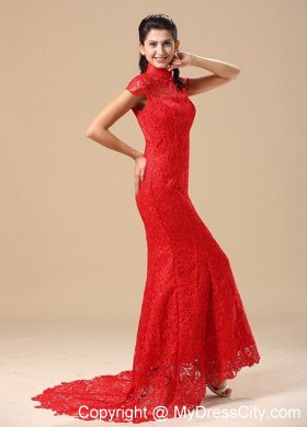 Traditional Red Lace High-neck Brush Train Wedding Dresses with Short Sleeves