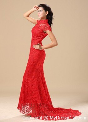 Traditional Red Lace High-neck Brush Train Wedding Dresses with Short Sleeves