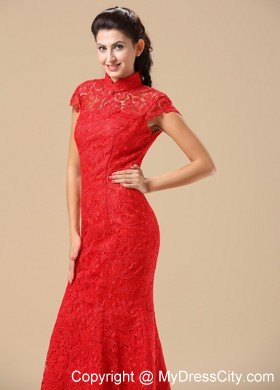 Traditional Red Lace High-neck Brush Train Wedding Dresses with Short Sleeves