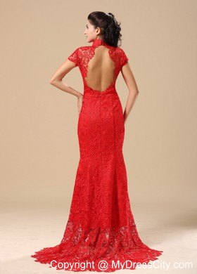 Traditional Red Lace High-neck Brush Train Wedding Dresses with Short Sleeves