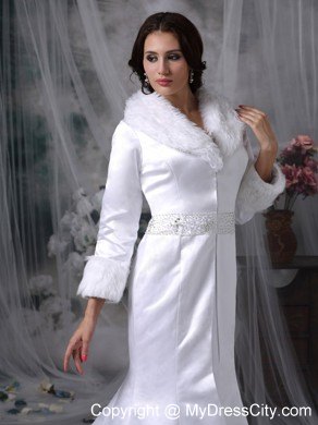 Long Sleeves Beaded Mermaid Winter Wedding Bridal Gown with Faux Fur Collar