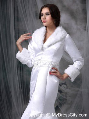 Long Sleeves Beaded Mermaid Winter Wedding Bridal Gown with Faux Fur Collar