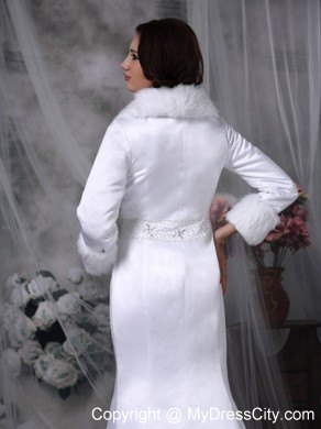 Long Sleeves Beaded Mermaid Winter Wedding Bridal Gown with Faux Fur Collar