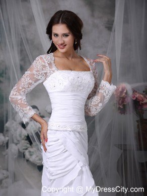 Sheathy Square Tea-length Tiers Lace Short Wedding Dress with Long Sleeves
