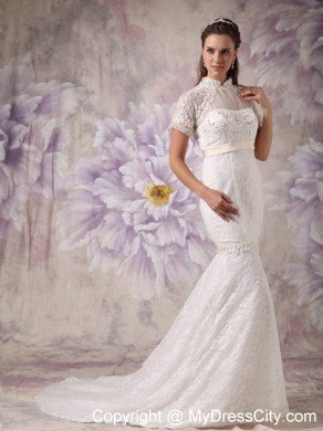 Luxurious Mermaid Beaded High-neck Lace Bridal Dresses with Short Sleeves