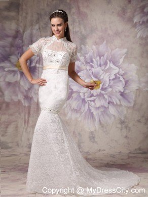 Luxurious Mermaid Beaded High-neck Lace Bridal Dresses with Short Sleeves