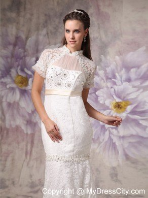 Luxurious Mermaid Beaded High-neck Lace Bridal Dresses with Short Sleeves