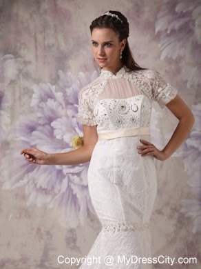 Luxurious Mermaid Beaded High-neck Lace Bridal Dresses with Short Sleeves