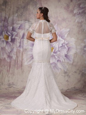 Luxurious Mermaid Beaded High-neck Lace Bridal Dresses with Short Sleeves