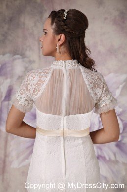 Luxurious Mermaid Beaded High-neck Lace Bridal Dresses with Short Sleeves