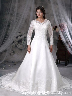 Chapel Train V-neck Lace Long Sleeves Princess Wedding Dresses for 2013