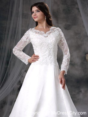 Chapel Train V-neck Lace Long Sleeves Princess Wedding Dresses for 2013