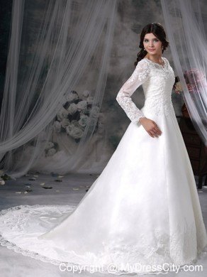 Chapel Train V-neck Lace Long Sleeves Princess Wedding Dresses for 2013