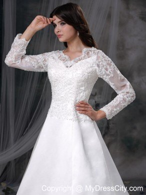 Chapel Train V-neck Lace Long Sleeves Princess Wedding Dresses for 2013