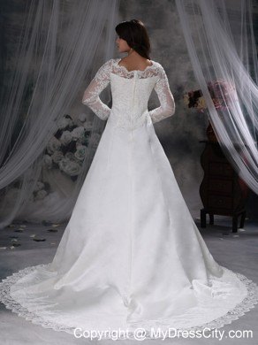 Chapel Train V-neck Lace Long Sleeves Princess Wedding Dresses for 2013