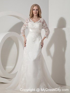 Pretty Brush Train Lace V-neck 3 4 Length Sleeves Dress for 2013 Wedding