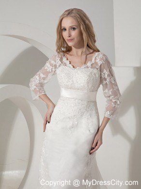 Pretty Brush Train Lace V-neck 3 4 Length Sleeves Dress for 2013 Wedding