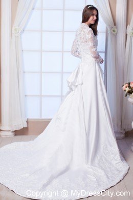 Chapel Train Long Sleeves Embroidery Lace Wedding Bridal Gowns for Latest