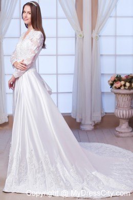 Chapel Train Long Sleeves Embroidery Lace Wedding Bridal Gowns for Latest