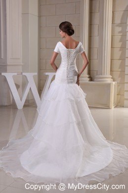 Tiers Dropped Embroidery V-neck Ruching Wedding Dresses with Short Sleeves