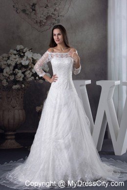 Off The Shoulder Lace Court Train Wedding Gowns with 3 4 Length Sleeves