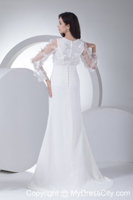 High Slit Lace Scoop Neck Long Sleeves Wedding Bridal Dresses with Clasp Handle