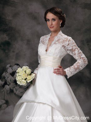 Luxurious Lace Long Sleeves A-line Church Wedding Dresses with Sheer Neckline