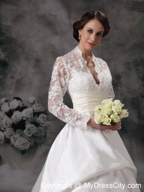Luxurious Lace Long Sleeves A-line Church Wedding Dresses with Sheer Neckline