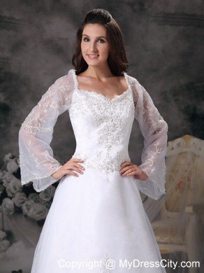 Square Neck Long Sleeves Embroidery 2013 Wedding Dresses with Court Train
