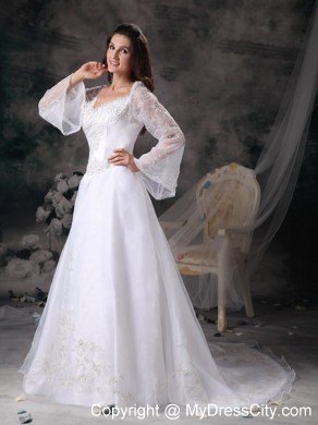 Square Neck Long Sleeves Embroidery 2013 Wedding Dresses with Court Train