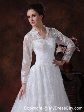 Court Train Lace Long Sleeves Pretty Wedding Bridal Gowns with Sheer Neckline