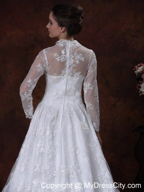Court Train Lace Long Sleeves Pretty Wedding Bridal Gowns with Sheer Neckline