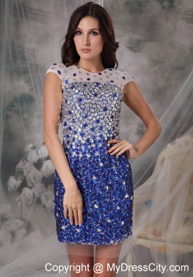 Peacock Blue Sheath Tulle Beading Mini-length Scoop Nightclub Dress