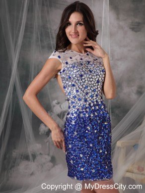 Peacock Blue Sheath Tulle Beading Mini-length Scoop Nightclub Dress