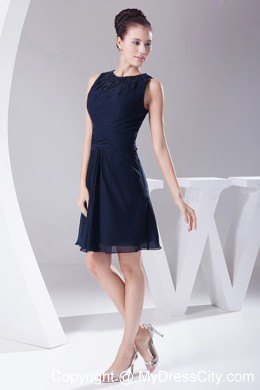 Simple Beaded Scoop Neck Knee-length Navy Blue Nightclub Dress