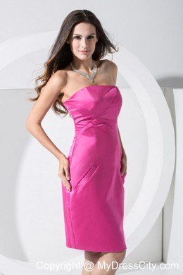 Hot Pink Strapless Knee-length Dress for Nightclub with Pockets